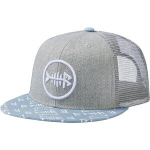 Heather Grey and Blue 100% cotton shell and 100% polyester Flat Brim Trucker Cap